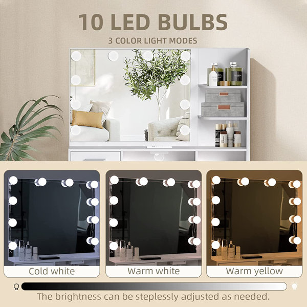 Latitude Run® Vanity Desk with Mirror and Lights,White Makeup Vanity with Power Outlet & Storage